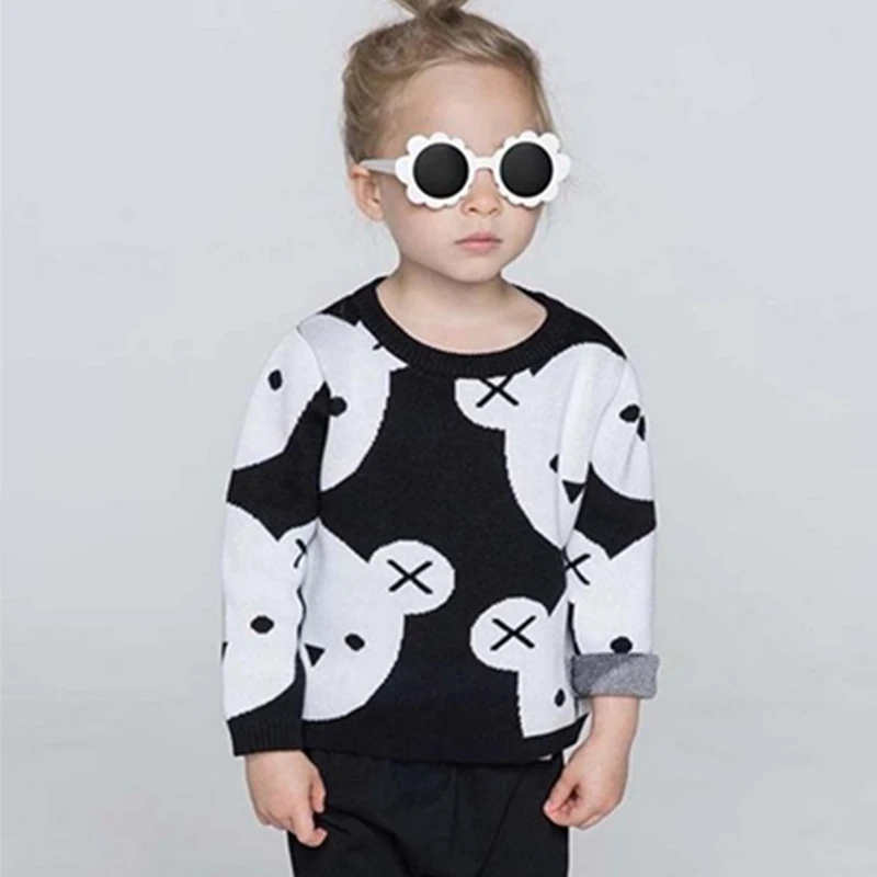 

1-5Y Kids Cotton Knitted Black White Bear Sweater Pullovers Baby Girls Boys Clothes Children' Cartoon Tops Outerwear