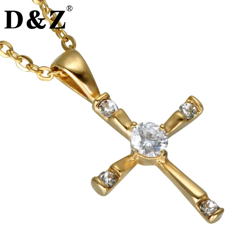 

D&Z Gold Color Bling Cross Pendant Necklace Paving Crystal Stainless Steel Crucifix Necklaces for Christian Jewelry