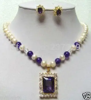 

Wholesale price FREE SHIPPING ^^^7-8mm Fresh water white Pearl Purple amethyst pendant Necklace Earring Sets (A0423)