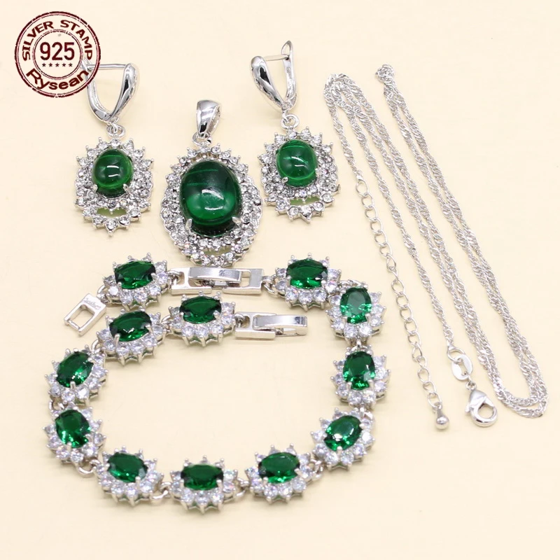 

Women Earrings Chain Pendant Extra Link Bracelet 925 Silver Jewelry Set Christmas Gift Green White Semi-precious