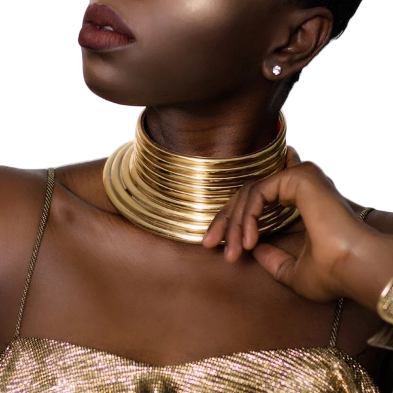 Vintage Statement Choker Necklace For Women African Jewelry Gold Color Leather Maxi Big Collar Necklace Adjusted UKNE