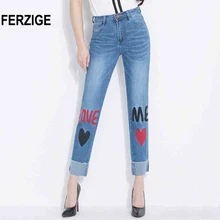 FERZIGE женские джинсы Мода Высокая талия Прямой Тонкий стрейч Вышивка буквы тепло узор плиссированные манжеты брюки лодыжки
