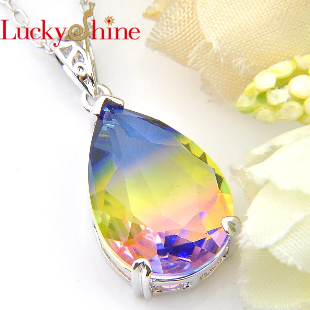 

Luckyshine Friend Gifts Bi colored Tourmaline Gems Pear shape Pendant Silver Necklace For Women Pendant Fashion Jewelry 13*18 mm