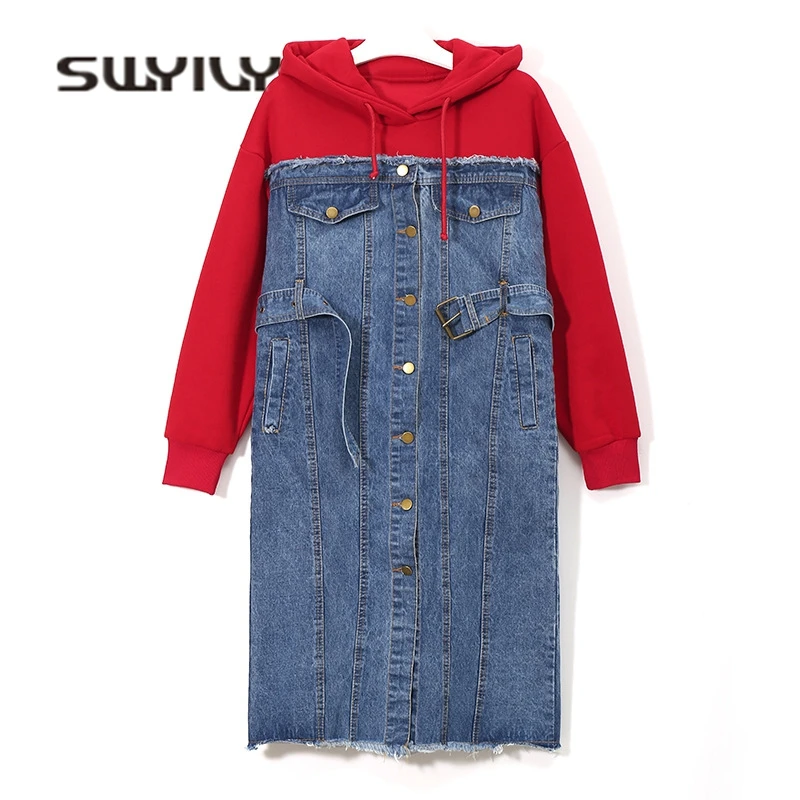SWYIVY Women Dress Sweater Hooded 2018 Spring Stitching Jeans Dress Mid Long Woman Dress Long Sleeve Female Fashon Denim Dress