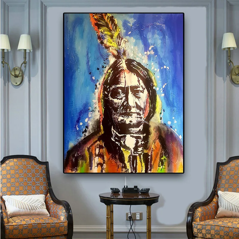 

Native Indian Feather Portrait Oil Painting on Canvas Posters and Prints Scandinavian Wall Art Picture for Living Room