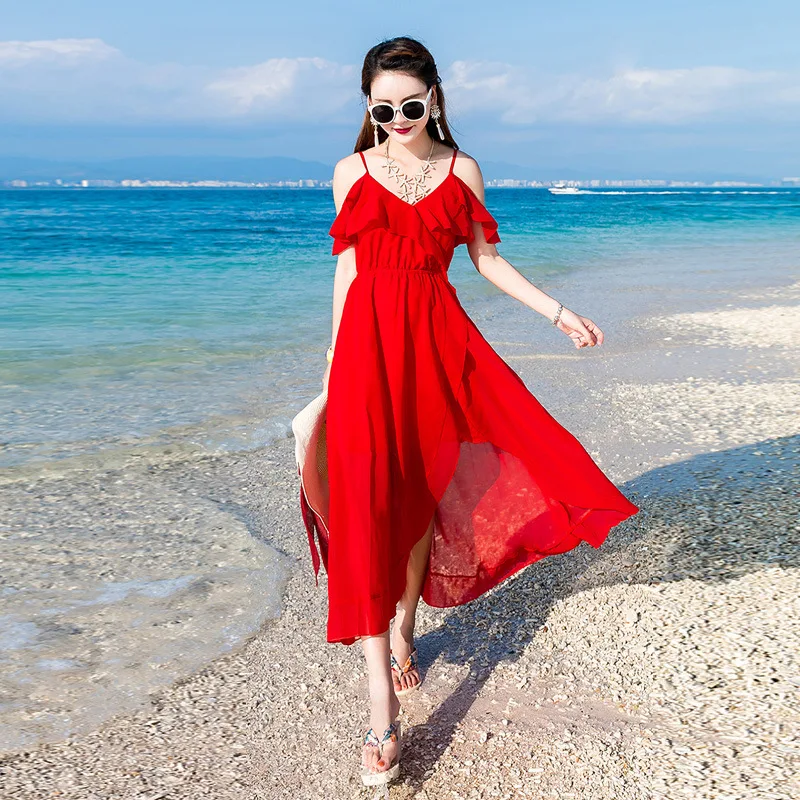 2018 summer women dresses chiffon shoulder seaside beach dress Bohemia ...