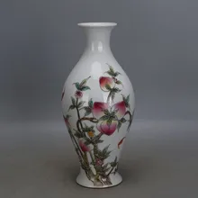 Династии Цин Пастель долговечность Пастель девять персики Оливковое форма вазы Ju Рен Тан Старый антикварный фарфор Античная коллекция