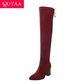 

QUTAA 2020 Lace Up Zipper Flock Winter Women Shoes Pointed Toe Fashion Thick Heel Stretch Fabrics Over The Knee Boots Size 34-43