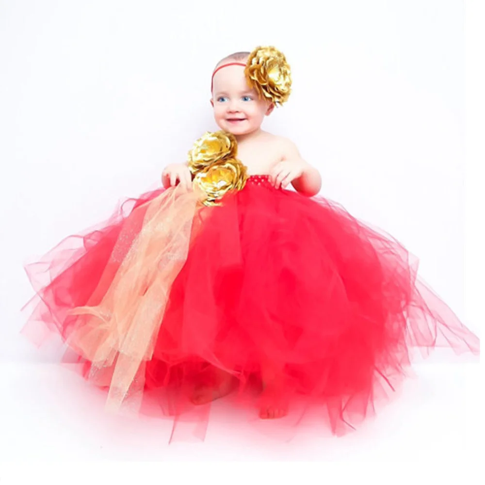

Red Girls Clothing Christmas Dress Gold Flower One Shoulder Ankle Length Tutu Dress Kids Masquerade Dresses Girls Ball Gowns 14Y