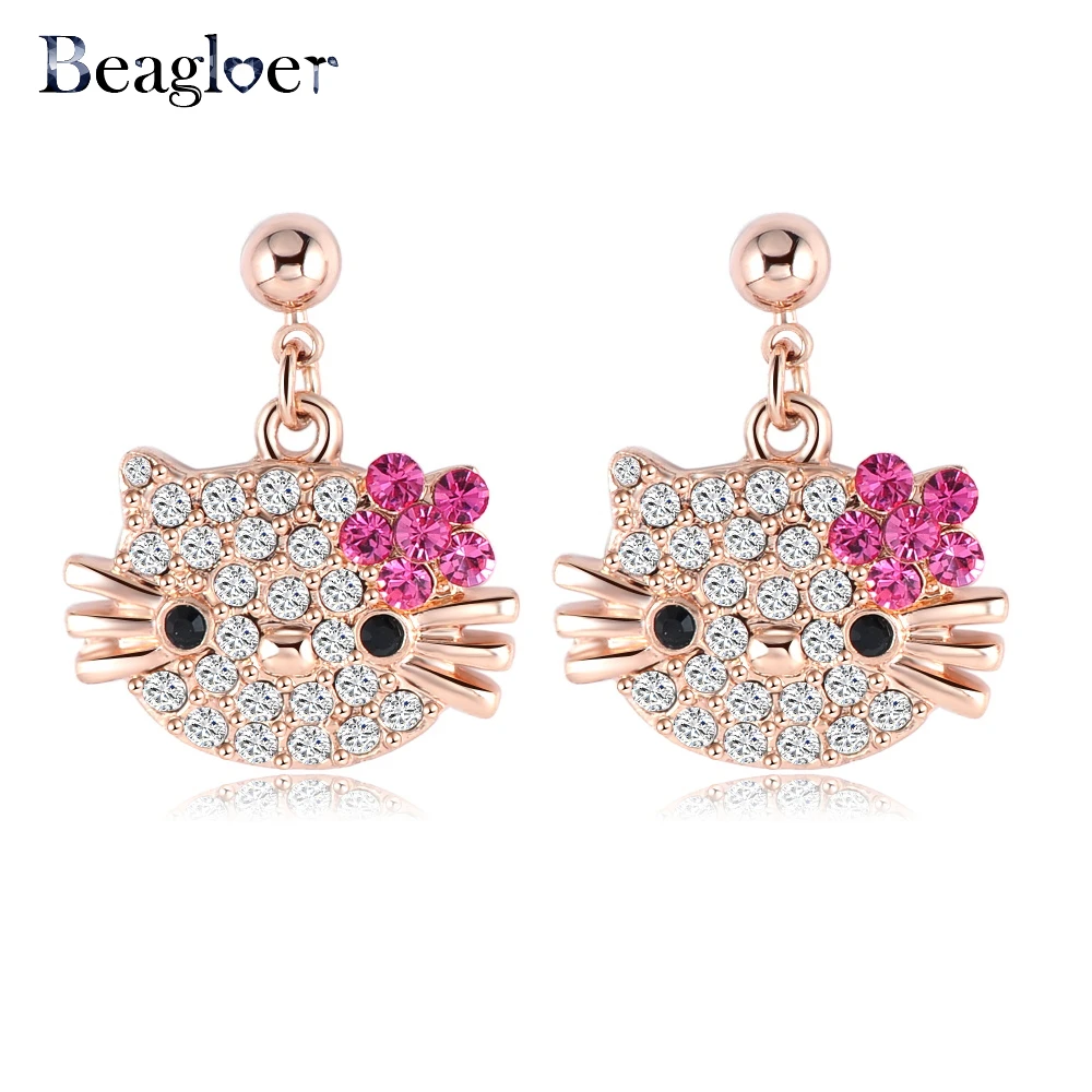 Beagloer Lovely Cat Flower Stud Earring For Girls Rose Gold Color