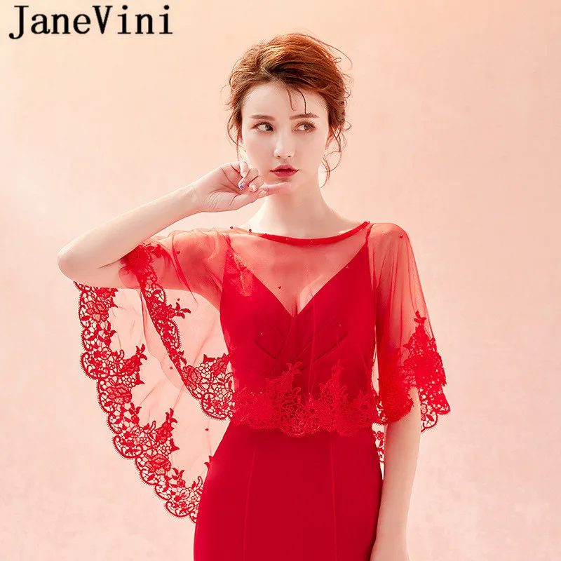 JaneVini Summer Red Lace Bridal Wraps Shawl Elegant Bolero Women Coprispalle Tulle Wedding Shawl Boleros Beaded Party Jackets