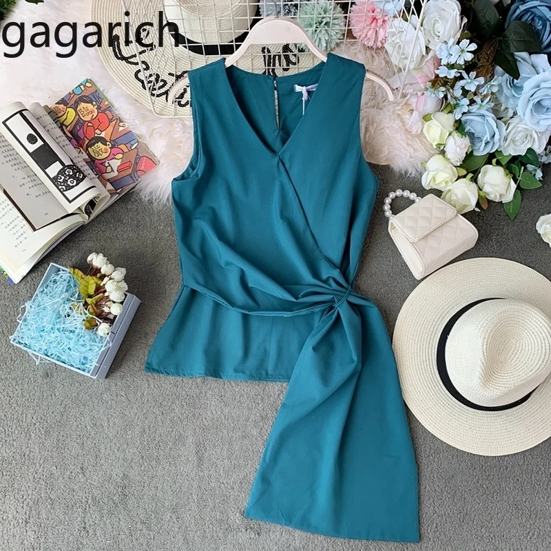 

Gagarich Women Blouse 2019 New Korean Version Elegant V-neck Irregular Sleeveless Fashion Ladies Shirt Female Fashion Tops