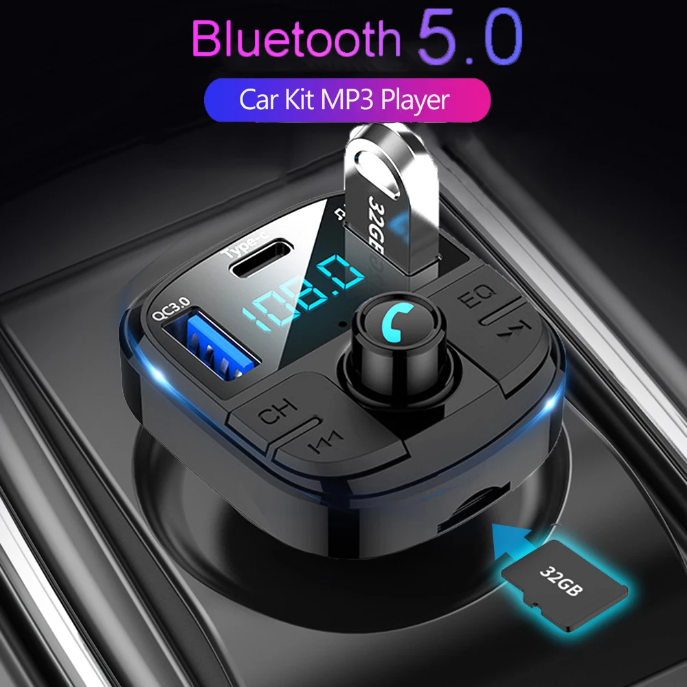 

JINSERTA Latest Bluetooth 5.0 Car FM Transimtter QC3.0 Quick Charger Type-c FM Modulator TF USB Pendrive Music Car MP3 Player
