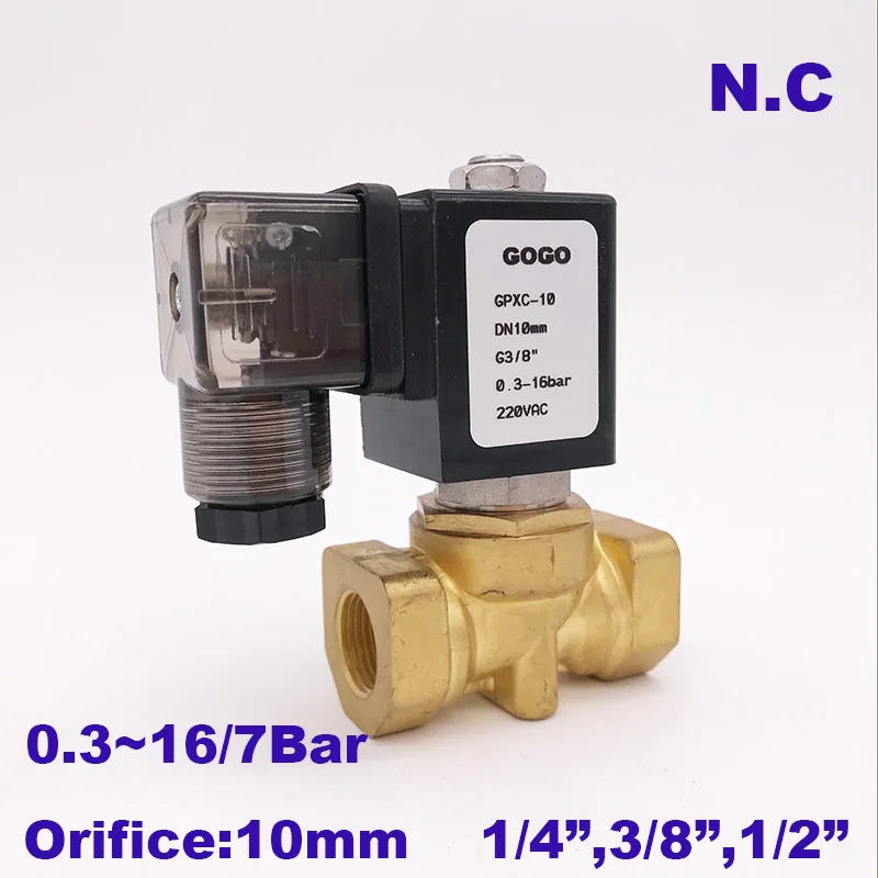 

GOGO Normally Close 2 Way Compact Pilot Water Brass Solenoid Valve 16bar 1/4" 3/8" 1/2" BSP Orifice 10mm 220V AC PXC-D14511 NBR