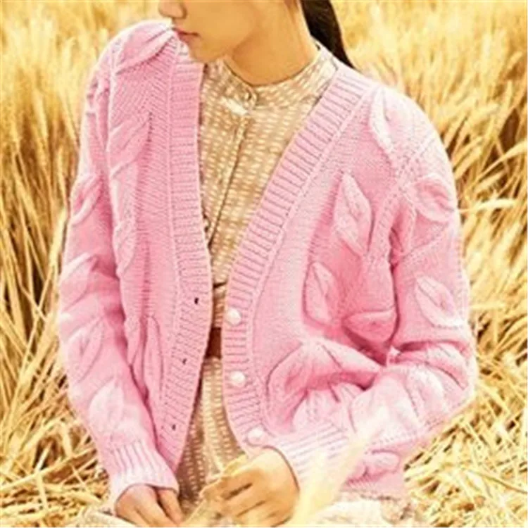  100%hand made wool Vneck knit women streetwear solid loose thick single breasted cardigan sweater o