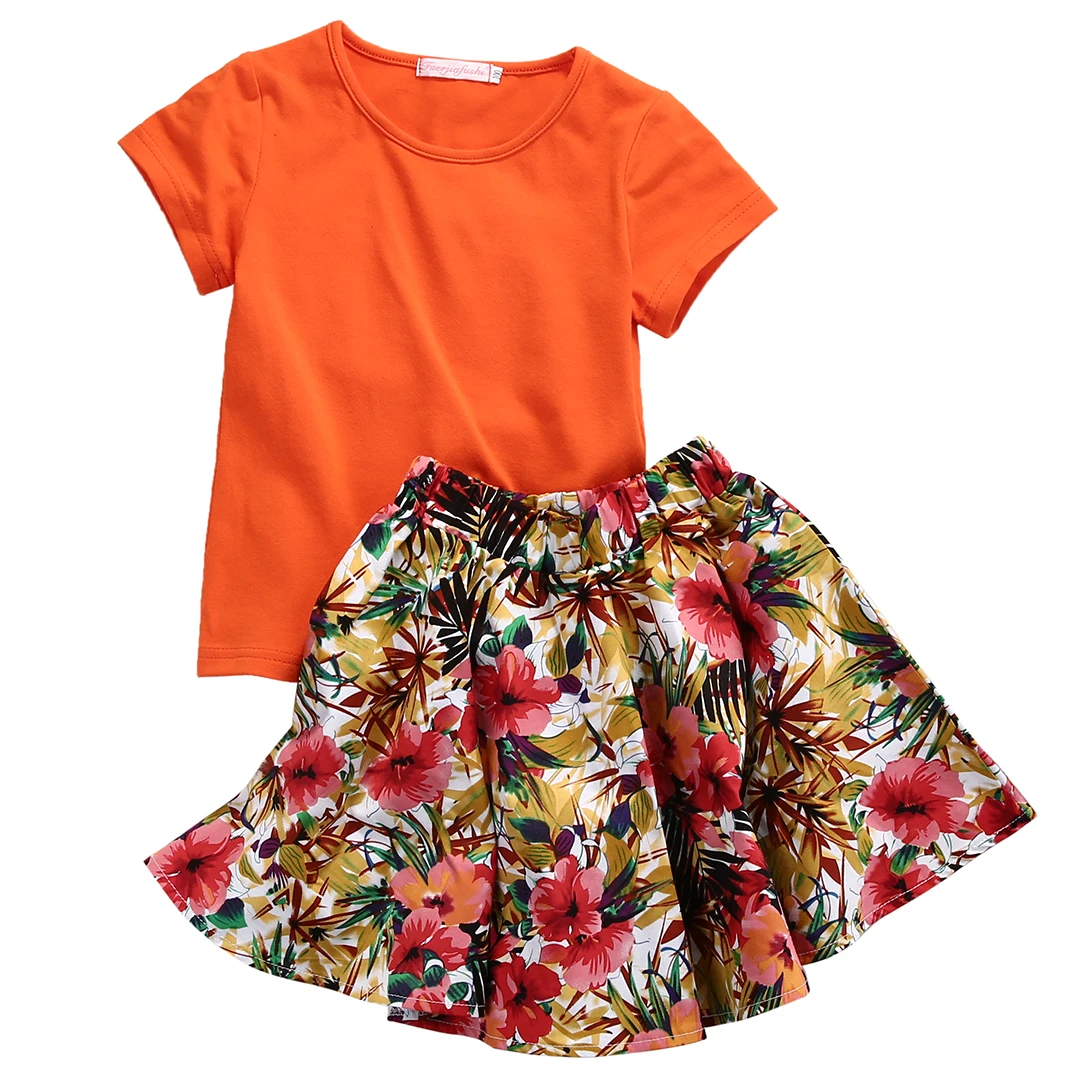 2017 Baby Kids Girls Summer Sets Orange Cotton Short Sleeve T-Shirt+Floral Skirt 2-Pieces Outfits Set 2-8Y