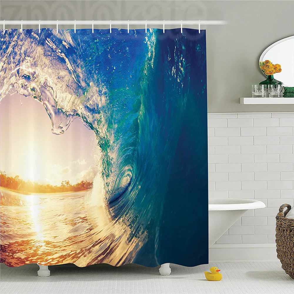 Ocean Decor Shower Curtain Set Ocean Wave at Sunrise Reflection on