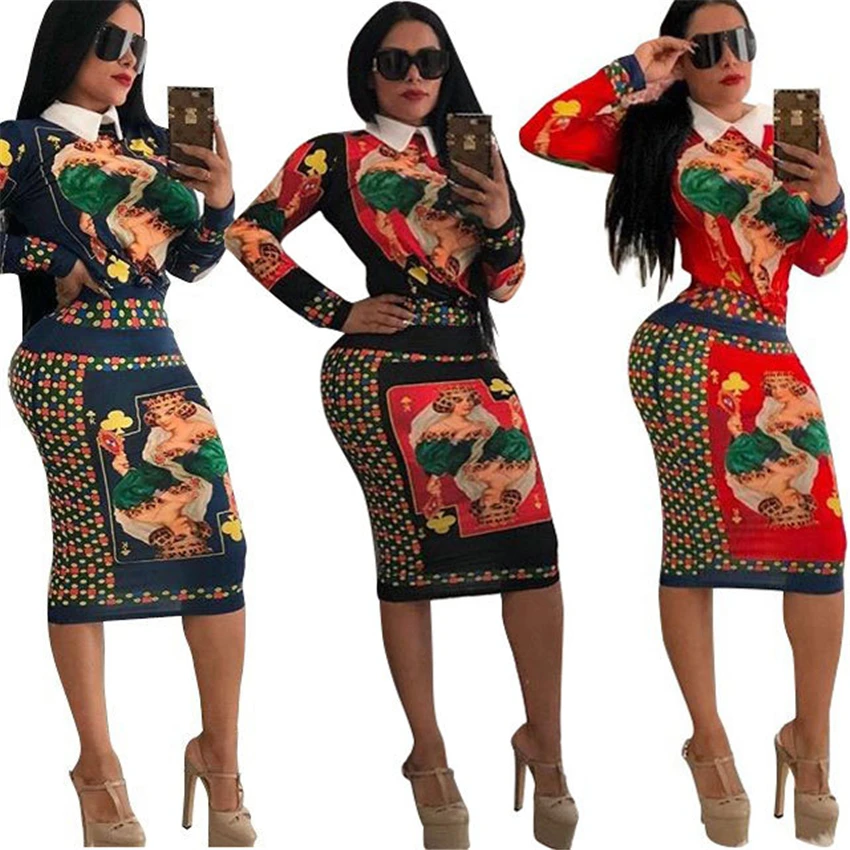 

Autumn Winter 2 Two Pieces Set Sexy Dress Women Print Long Sleeve tops and skirt Celebrity Party Club Dresses Vestidos Bodycon