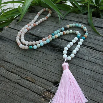 

8mm Amazonite Stone And Pink Aventurine Beads Necklace, Calms Emotions JaPaMala, 108 Bead Mala, Mala Jewelry, Mala Prayer Beads