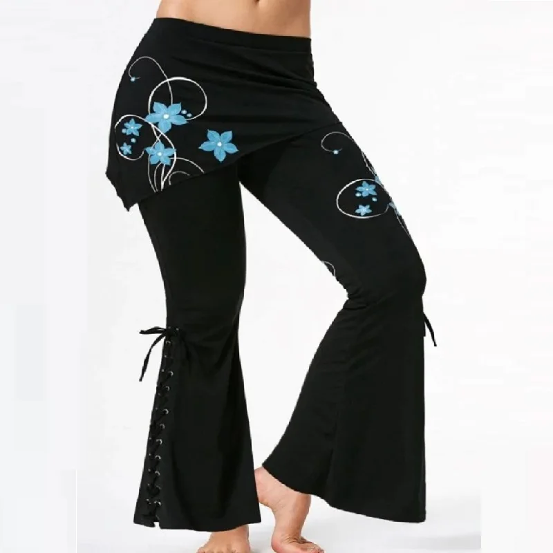 

Plus Size 5XL Flared Pants Spring Female Bell Wide Leg Pants Flowers Squeezed Eyes Strap Casual Office Slim Ankle Black Trousers