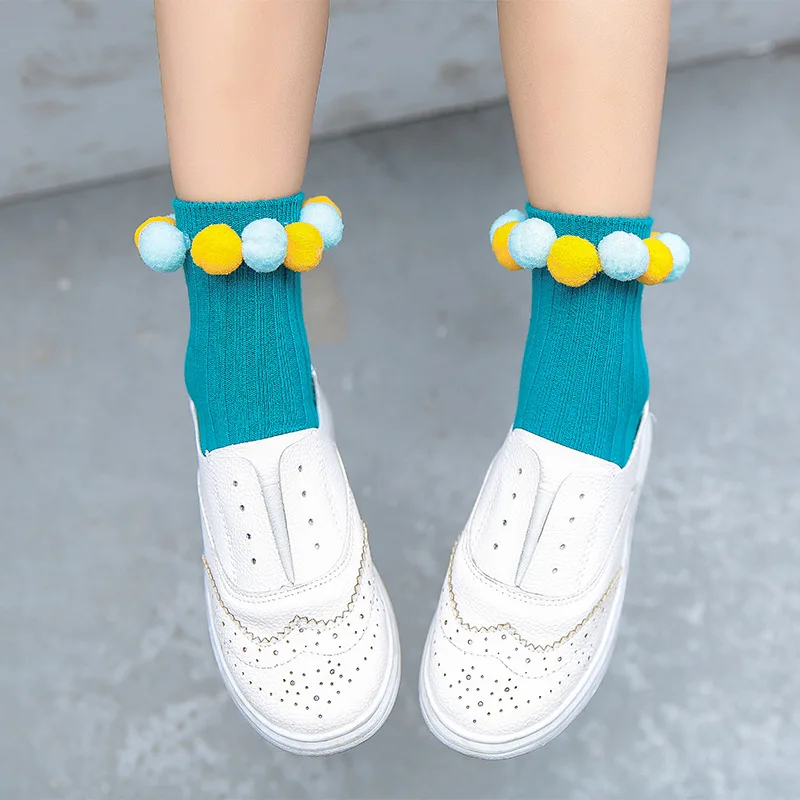 New Girls Cotton Socks Solid Color Creative Pom Pom Onion Rings Handmade Sewing Fashion Socks