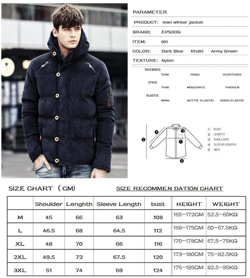 Winter Corduroy Hood Padded Quilted Men Jacket Coat Fashion Warm Male Jackets Parka Hooded Casual Overcoat Newest (2)