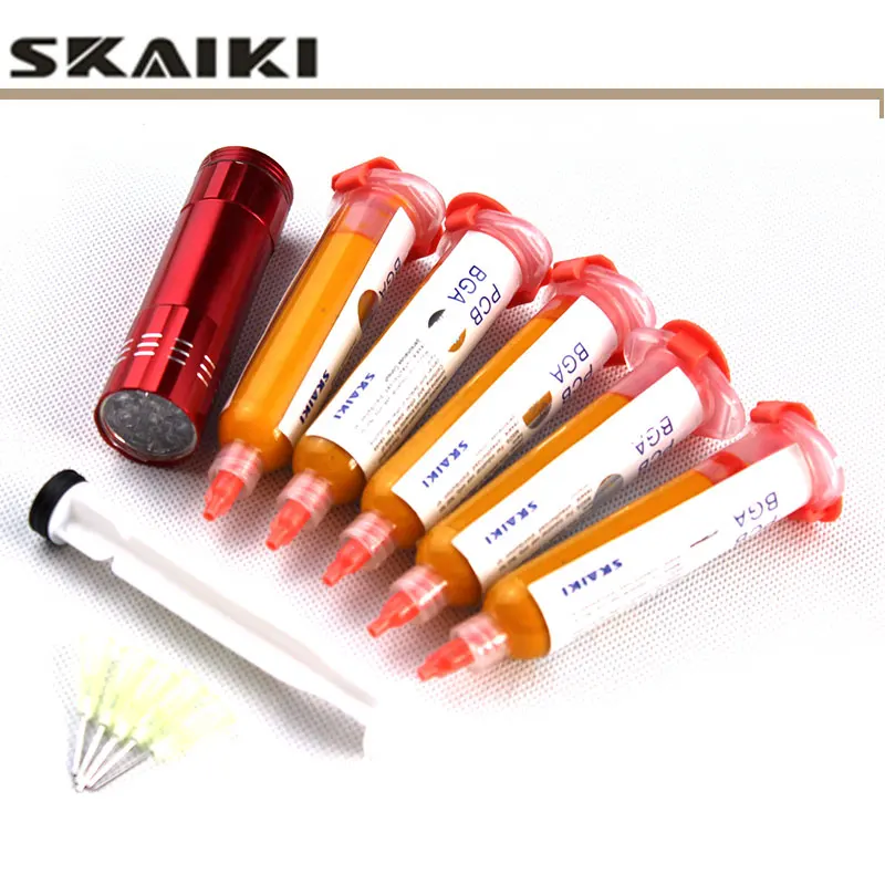5pcs 10cc Yellow UV solder mask PCB BGA PAINT PREVENT CORROSIVE ARCING welding flux + piston+UV light+5 pcs needles | Инструменты