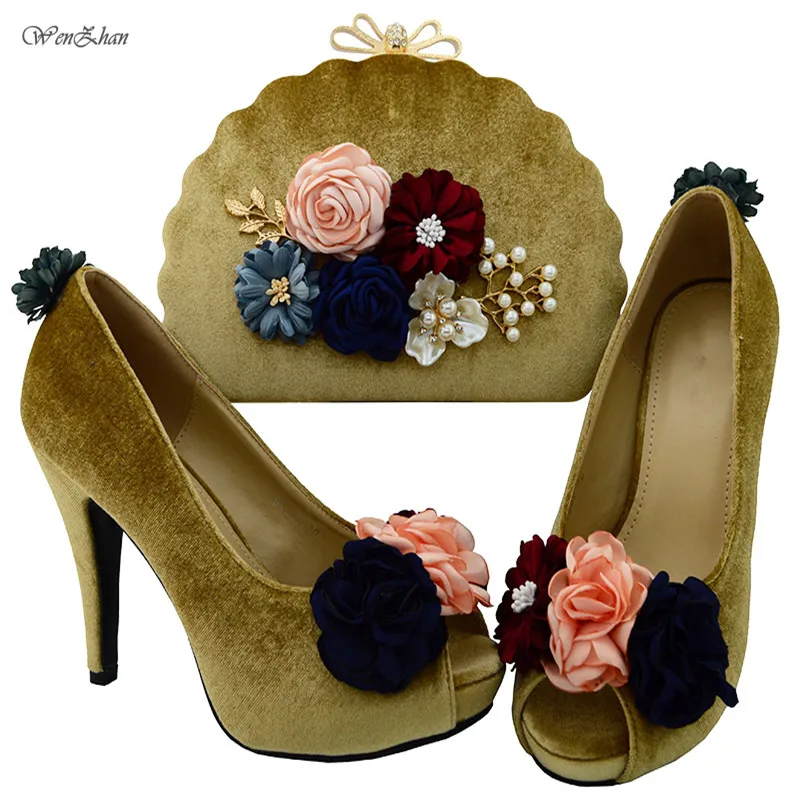 

WENZHAN Latest Shoes Matching Bags Gorgeous Gold Flannelette Material For Wedding,High Heel Shoes With Flower Bag Sets A711-28