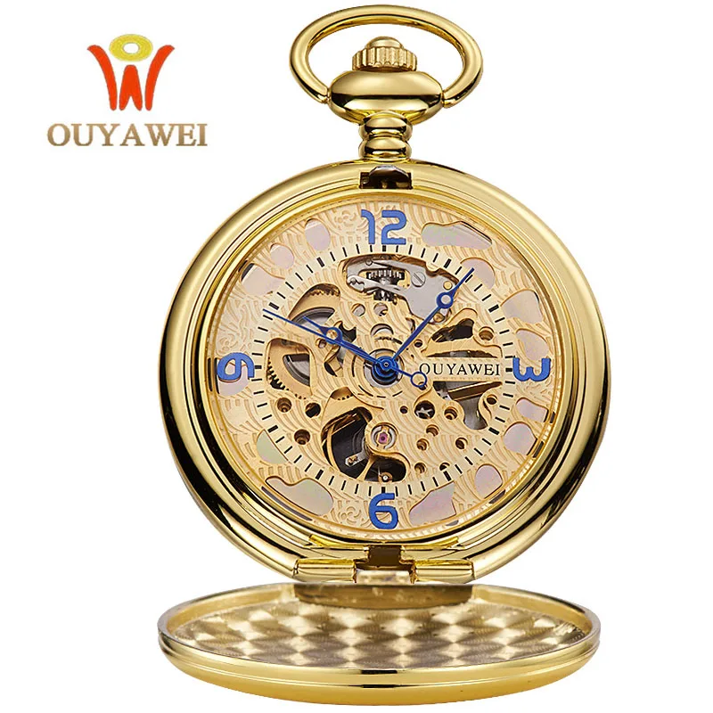 

2017 Steampunk Mechanical Gold Pocket Watch Chain Men Vintage Bracelet Watch Skeleton Male Clock Transparent Retro Watches