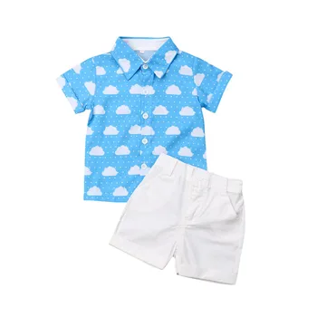 

2Pcs Toddler Kids Boys Tracksuit Casual Boy's Summer Clothes Short Sleeve Blue Printed Short Sleeve Lapel Button Blouse+Shorts