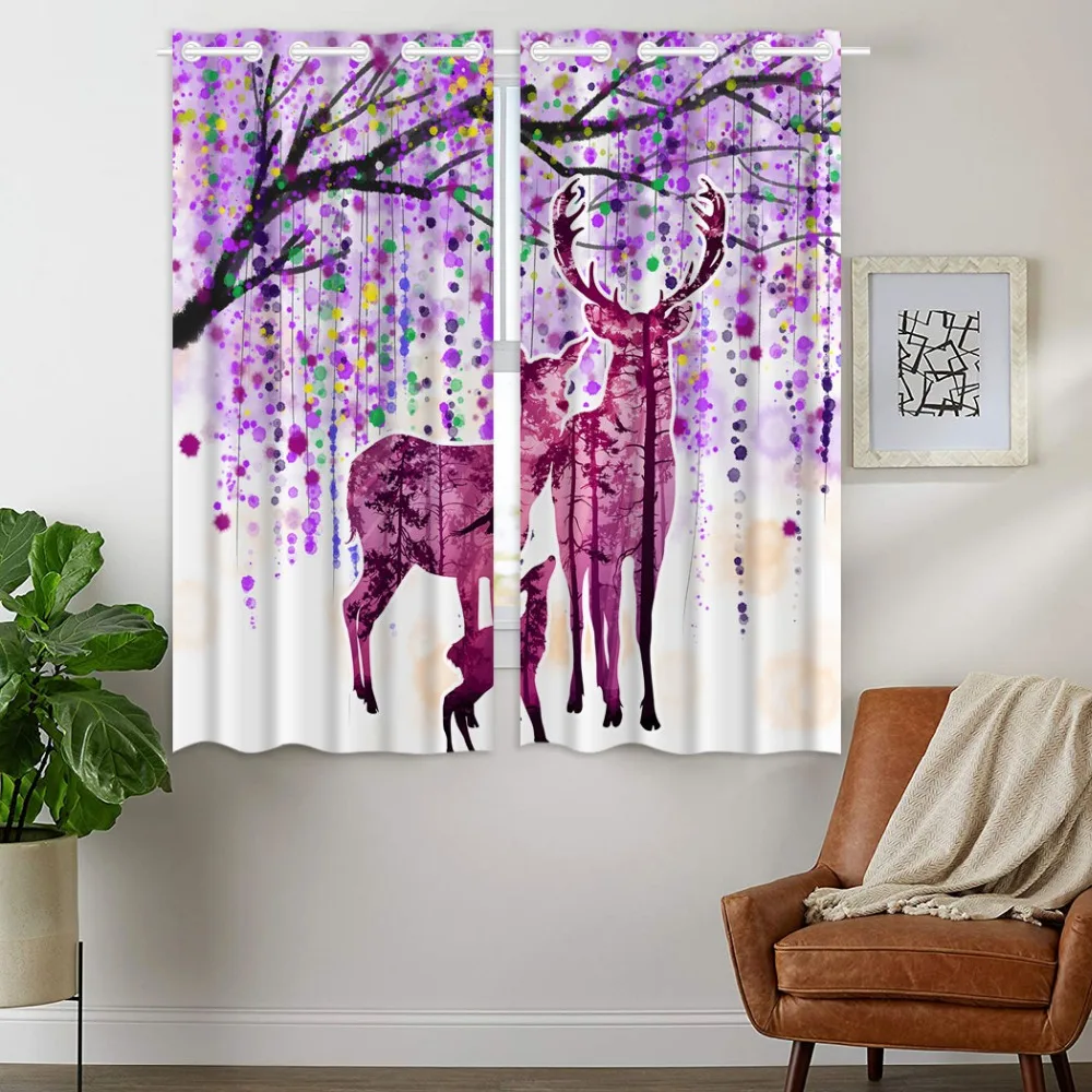 

HommomH Curtains (2 Panel) Grommet Top Darkening Blackout Room Elk Forest Silhouette Purple Bubbles Minimalist Style