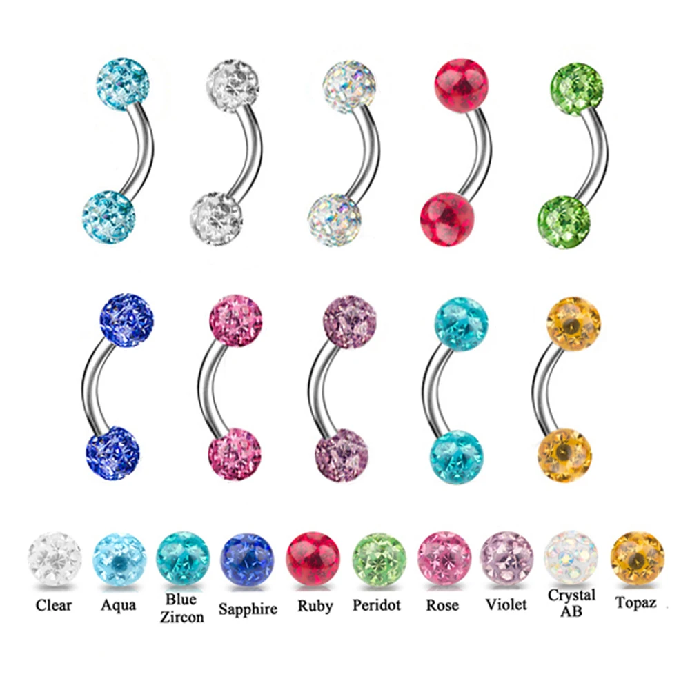 

1pcs Multi colors Stainless steel Double Crystal Ball eyebrow rings piercing curved bar banana body jewelry
