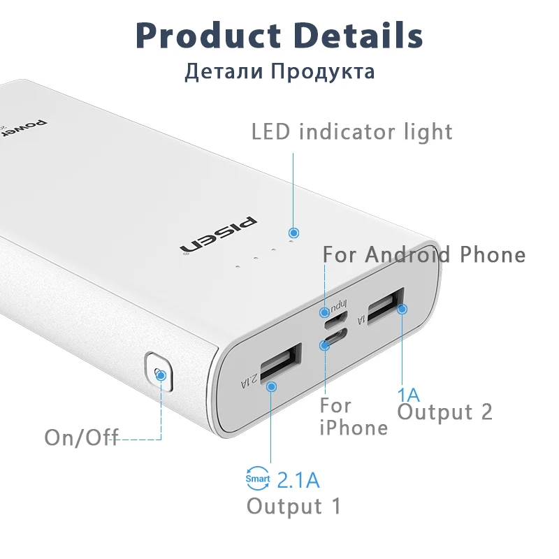 Pisen LED повер банк внешний Аккумулятор для телефонов 2.1a быстрой зарядки Dual USB Выходы двойной Вход Micro Тип USB-C Вход внешний Батарея Портативный Мощность банк