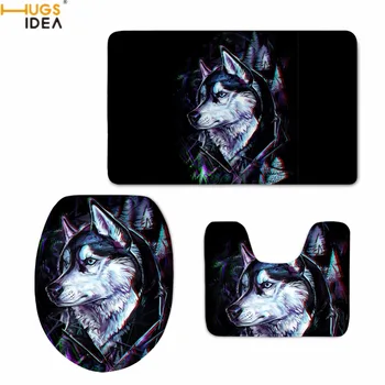 

HUGSIDEA 3D Dog Husky Print Bathroom Carpet Non-slip Animal Style Home Decor Accessories Washroom Rugs Set 3PCS Washable Carpets
