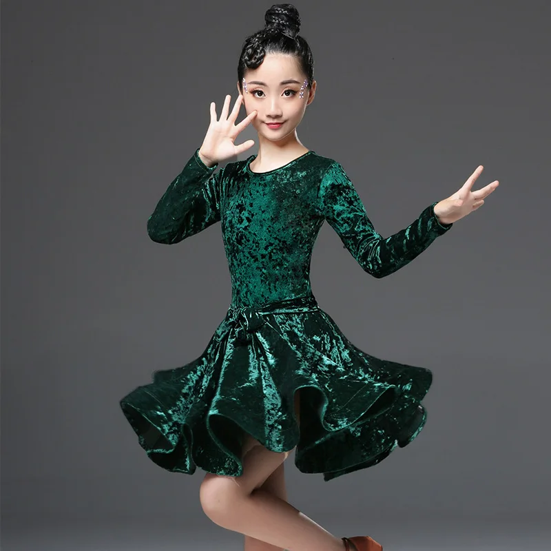 Long sleeve Детская юбка с длинными рукавами для танцев; костюм для латинских танцев; платье для соревнований бальных танцев; Детские платья для девочек; платье для танго; DQT1079 - Цвет: Long sleeve