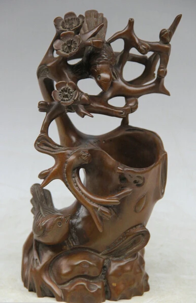 

JP S62 11" Chinese dynasty boxwood Folk plum blossom flower Bird Brush Pot pencil vase