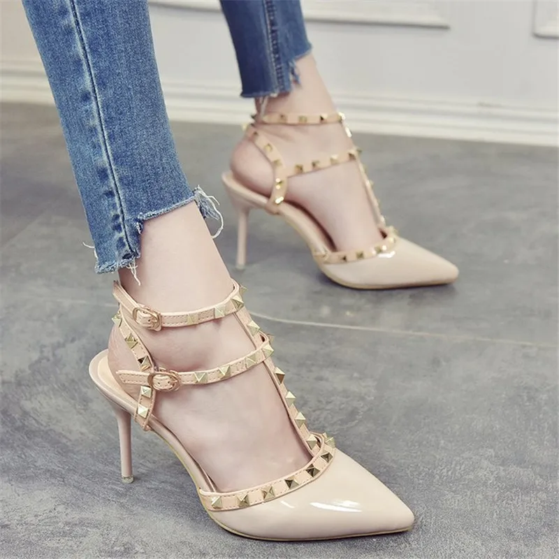 

New Stiletto Rivets Women Sandals Shallow Mouth Single Shoes Ladies High Heels Roman Sandals Womens Shoes High Heel Sandals