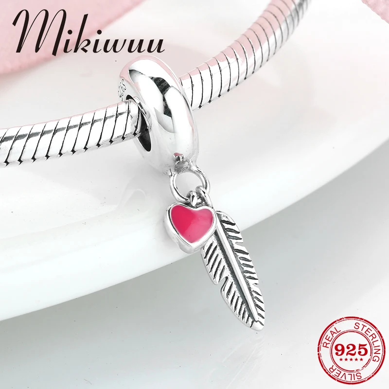 

925 Sterling Silver pink enamel Feather and heart fine Pendant bead Jewelry making fit Original Pandora Charms Bracelet
