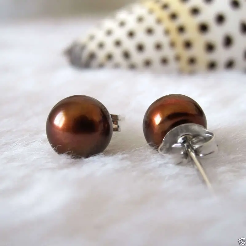 

-hot@ Genuine 7-8mm Brown Freshwater Pearl Sterling Silver Stud Earrings