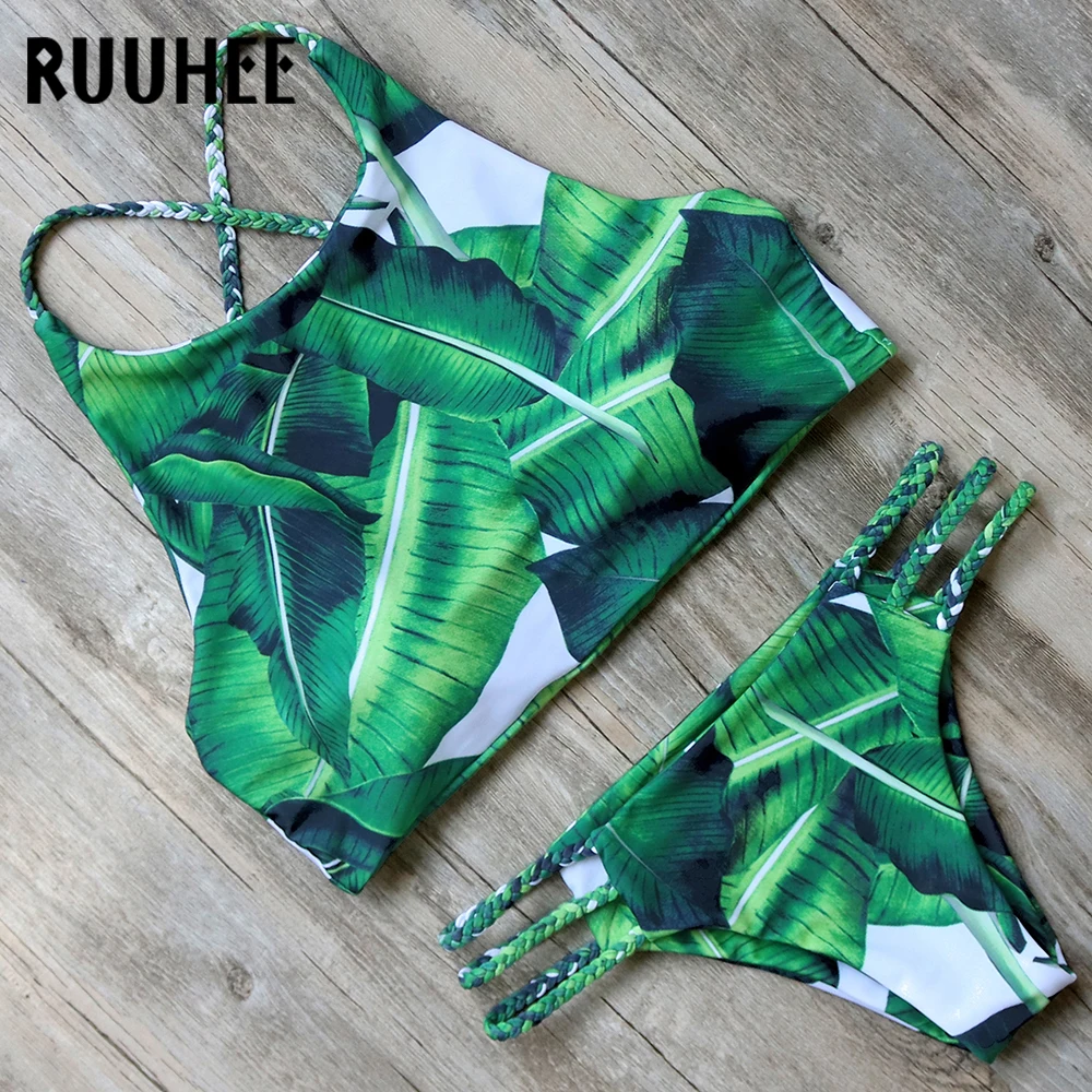

RUUHEE Leafy Bikini Swimwear Swimsuit Women High Neck Bikini Set Push Up Bathing Suit Bandage Beachwear with Pad Swimming Suit