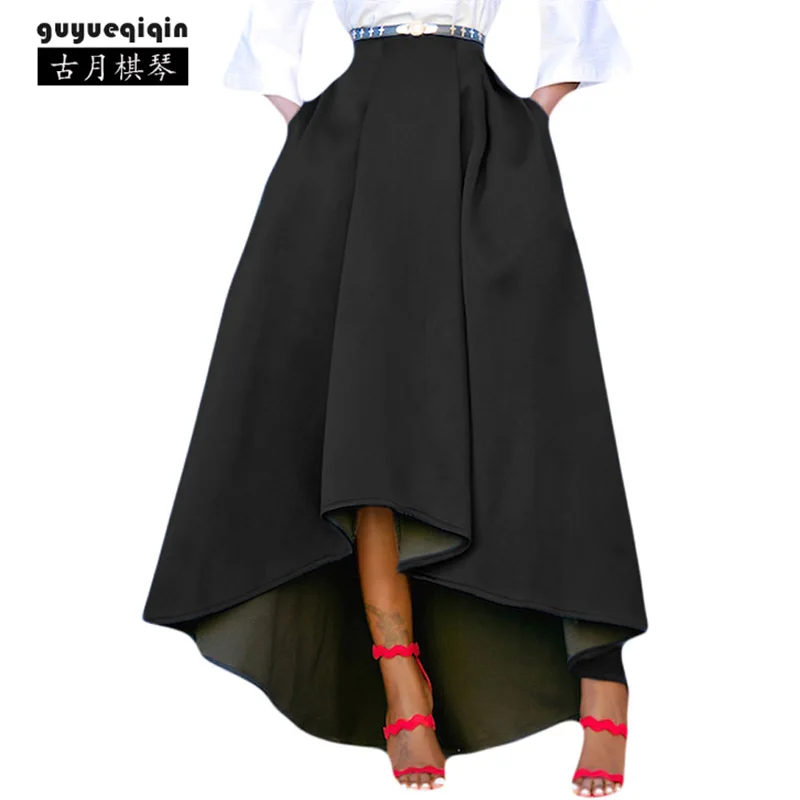 Модная Асимметричная Длинная женская юбка, 5 цветов, асимметричная юбка с завышенной талией, Осень-зима, однотонная женская юбка с карманами размера плюс 2XL - Цвет: Black