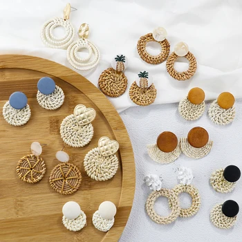 

AENSOA Bohemia Handmade Geometric Rattan Straw Weave Knit Vine Drop Earrings For Women Korea Earring Party Jewelry Wholesale