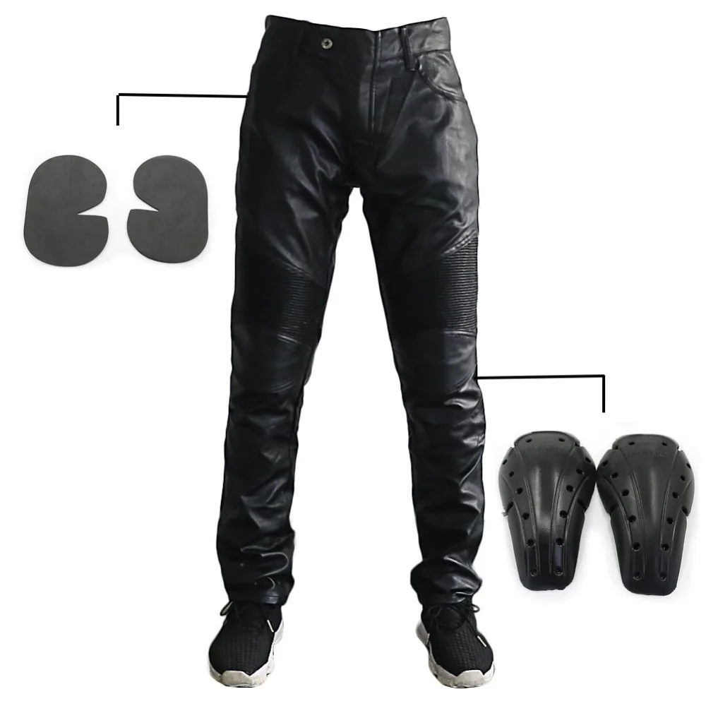 

Men 's Motorcycle Riding Biker Breathability PU Leather Trousers Black Pants Soft Knee Hip Guards Protection Pads Motorbike