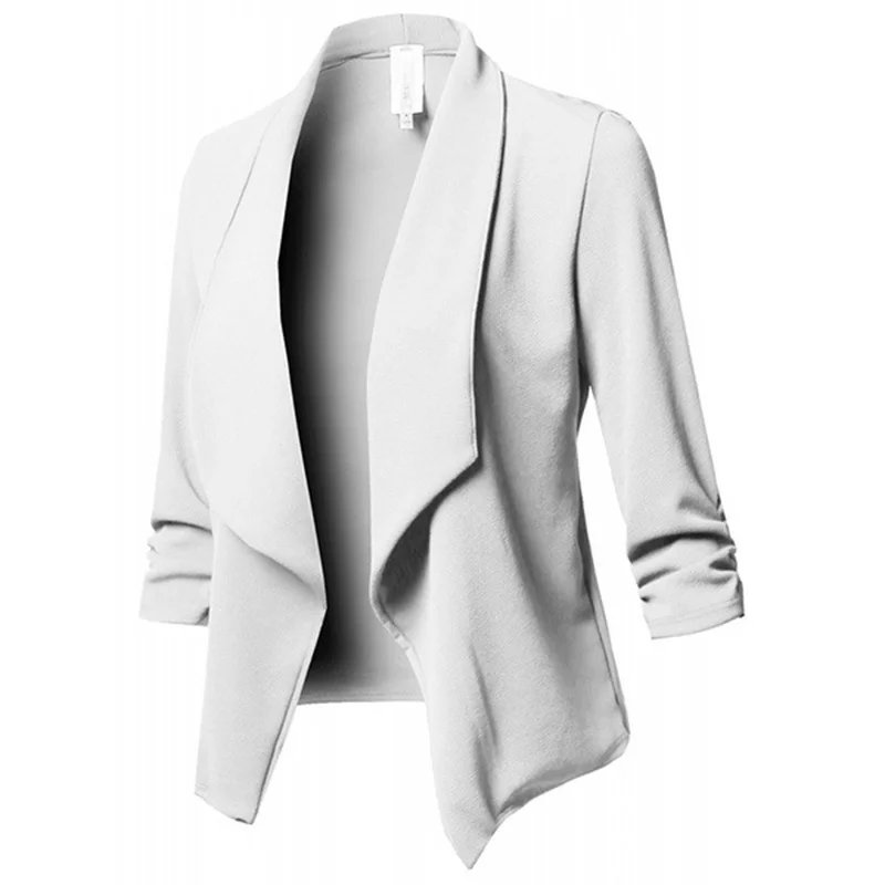 Асимметричный однотонный кардиган с рюшами и открытым передом для женщин; сезон осень-весна; блейзер с длинными рукавами; повседневный деловой костюм; модная верхняя одежда; - Цвет: White