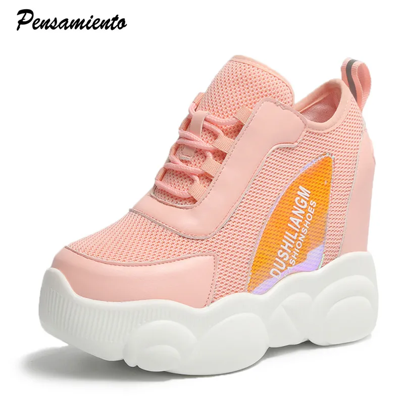 

New 2019 Women Chunky shoes White Pink Platform Wedges High heels Sneakers Spring Summer Casual Shoes Woman Zapatillas Mujer