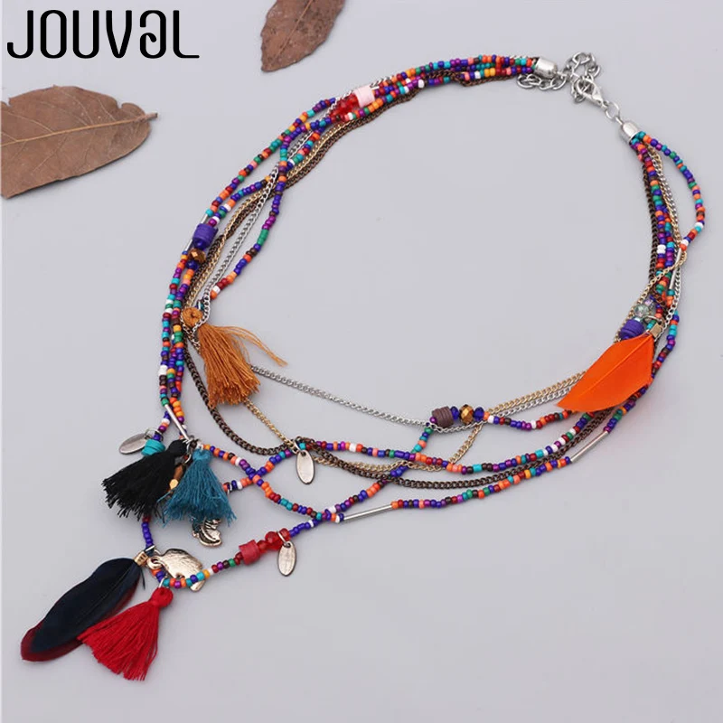 

JOUVAL Ethnic Bohemian Feather Pendant Necklace for Women Multilayer Beads Chain Maxi Collier Spring Summer Travel Women Jewelry