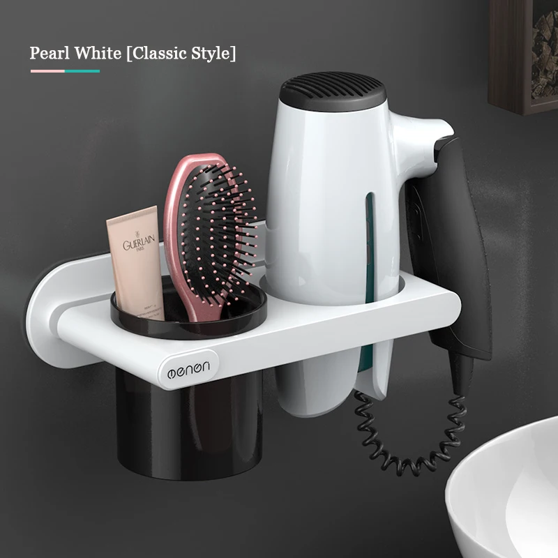 ONEUP Hair Dryer Holder With Cup Households Wall Mount Hair Dryer Storage Shelf Plastic Organizer Rack Bathroom Accessories Set - Цвет: White