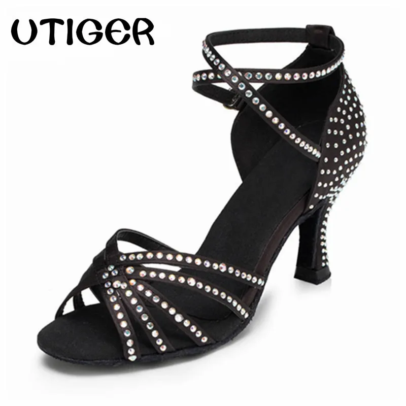 

2019 Brand Black Bronze Satin Latin dancing shoes Women's Rhinestone companionship shoes Salsa Party Ballroom dancing shoes 10cm
