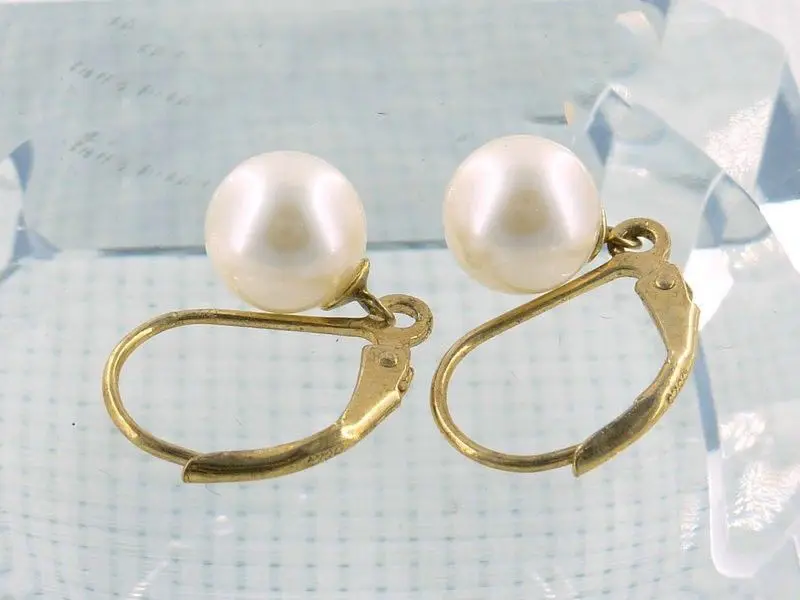 

7.5mm aaa++ grade white akoya round pearl dangle earring 14k/20 lever back gift box