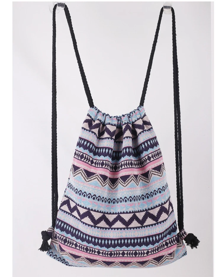 Bohemian Style Drawstring Bag Backpack Bundle Pocket Canvas Shoulders Bags (1)